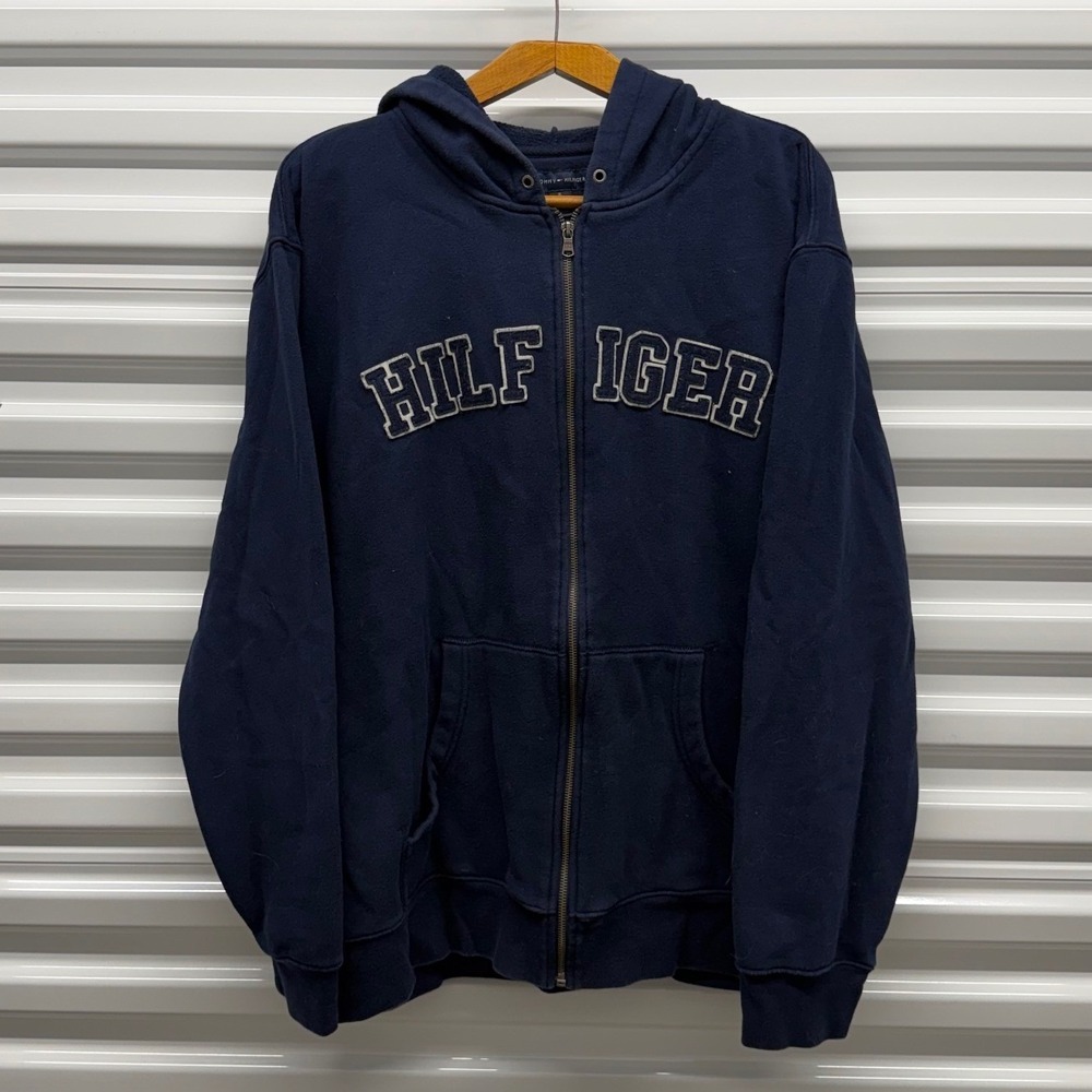 Vintage 00s Tommy Hilfiger Y2K Embroidered Full Zip Blue Mens XL‎ Hoodie